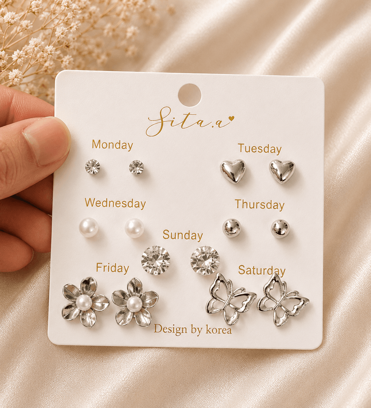 7-Pair Silver Everyday Stud Earrings Set in Silver – Accessories from Handpicked
