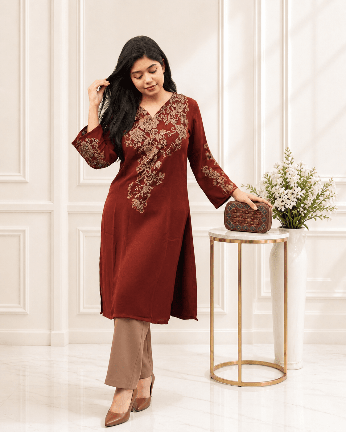 Woman wearing the Strep Cherry Kurti by Handpicked
